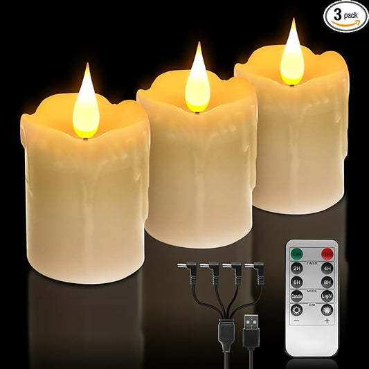 3 PCS Real Wax Rechargeable Flameless Warm White LED Candles,Remote Control,D2 x H4”,Brightness Adjustable Flickering Battery Operated Tea Lights Candles with timer,for Christmas, Wedding, Home Decor