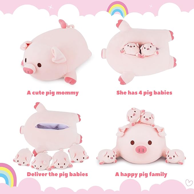 Achwishap 5PCS Pig Family,Pig Stuffed Animal Mommy with 4 Pig Babies Plush,Cute Pig Plush Pillow Cushion Doll,Kawaii Pig Plush Toy Hugging Pillow for Kids Adult(16” Pig Family)