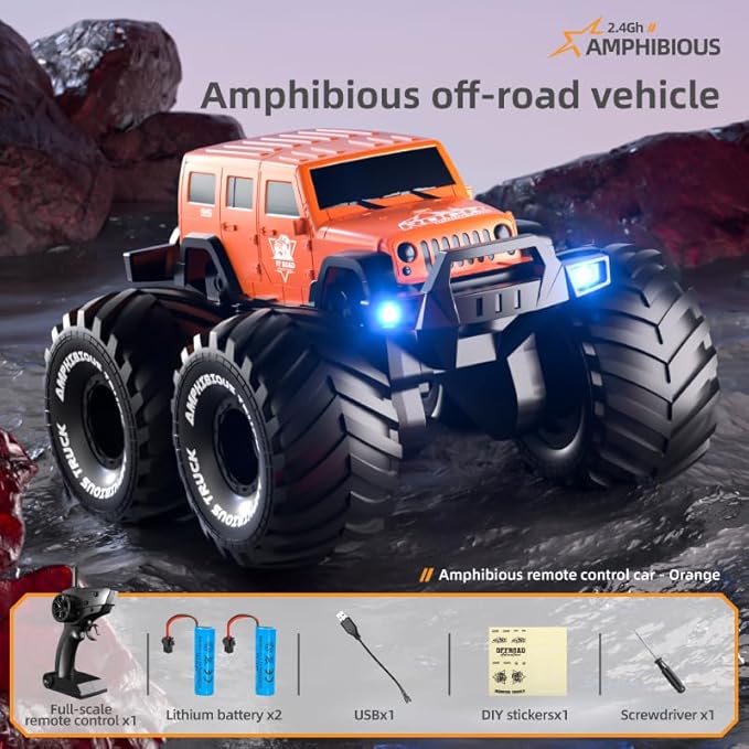 1:18 Scale Amphibious LED RC Car ，2.4GHz All 20 Km/h Off Road Terrain Remote Control Drift Truck, Waterproof Truck for 8+ Year Old Boys Girls Kids Gifts (Orange)
