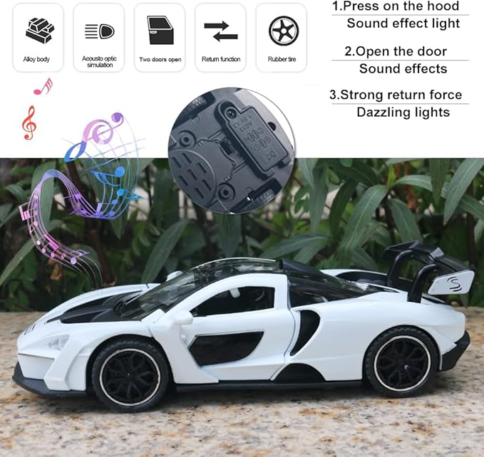 Diecast Toy Car McLaren Senna Sports Car Model,Zinc Alloy Simulation Casting Pull Back Vehicles,1:32 Scale Mini Electronic Supercar Toys with Lights and Music for Toddlers Kids Children Gift (White)