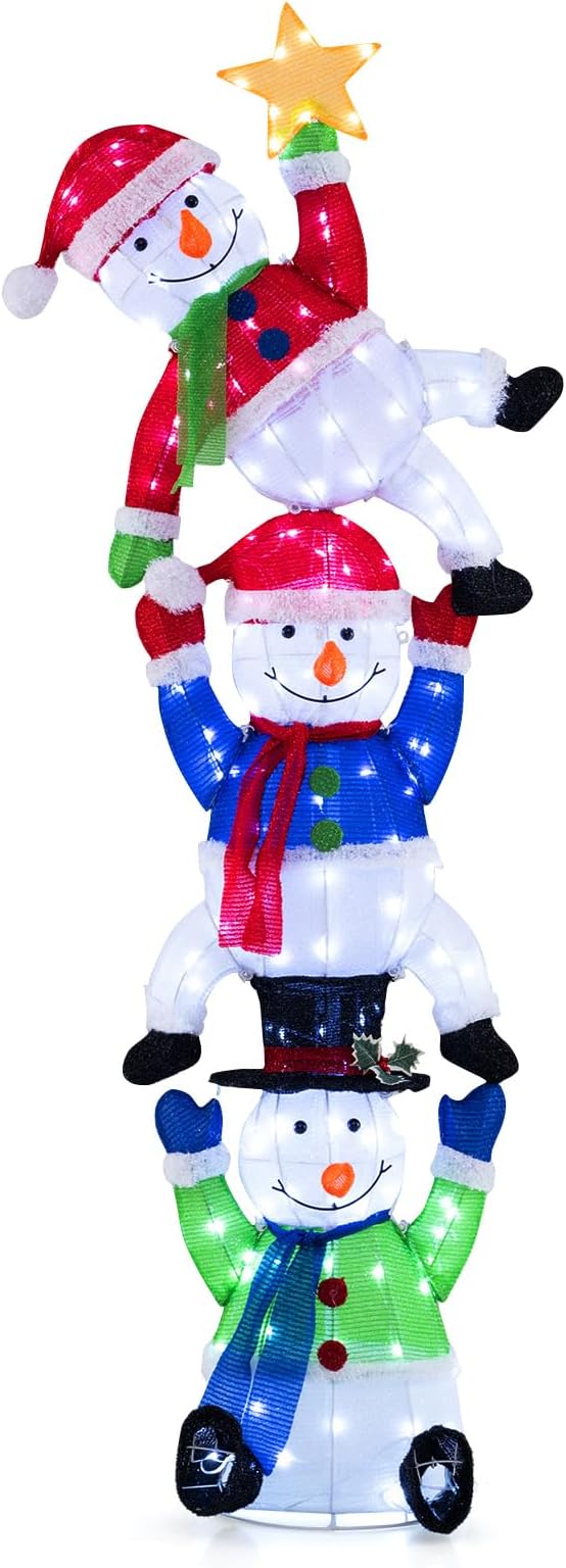 Tangkula 6 FT Lighted Christmas Stacked Snowman Set, Light-up Christmas Decoration with 155 LED Lights, Ground Stakes & Zip Ties, Pre-Lit Snowman Ornament for Indoor and Outdoor Yard, Garden & Lawn