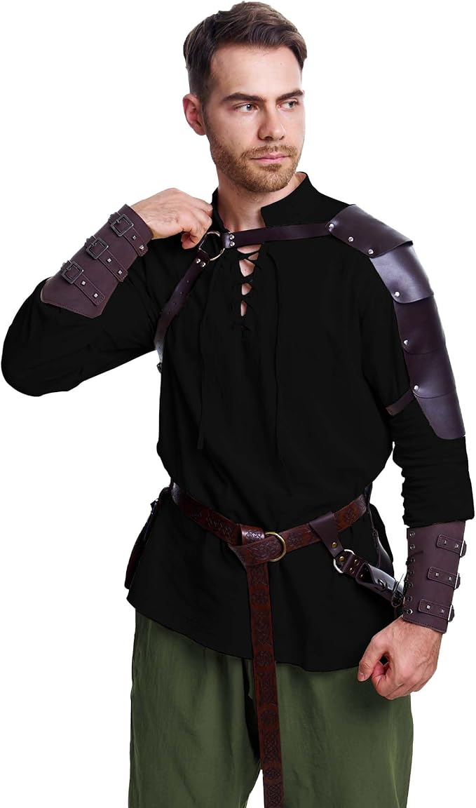 8 Pcs Men's Renaissance Costume Halloween Medieval Pirate Shirt Pant Viking Costume Accessories Set