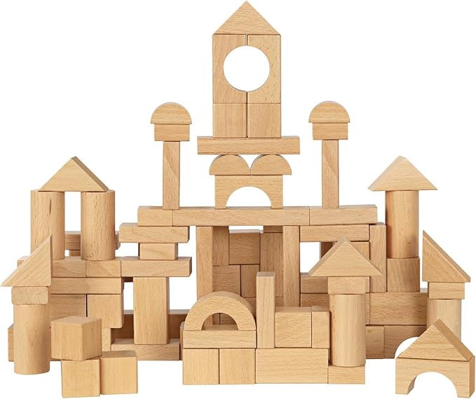 Natural Beech Wood Building Blocks for Toddlers 1-3, 100pcs Kids Wooden Blocks with Storage Bucket and Shape Sorter Lid, Preschool Learning Toys for Boys and Girls