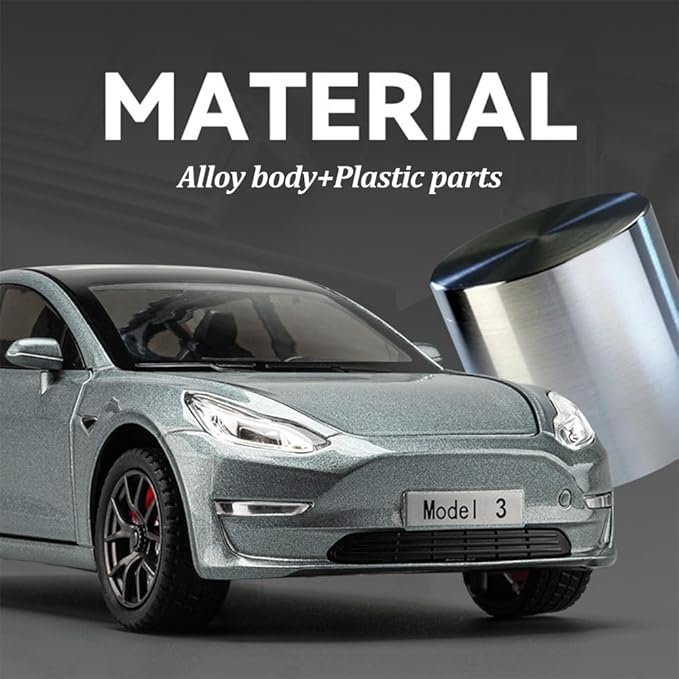 1/24 Model 3 Toy Car for Boys, Zinc Alloy Diecast Metal Model 3 Model Car Pull Back Car Toy Vehicles with Sound and Music, Suitable for Kids Aged 3+ as Gifts