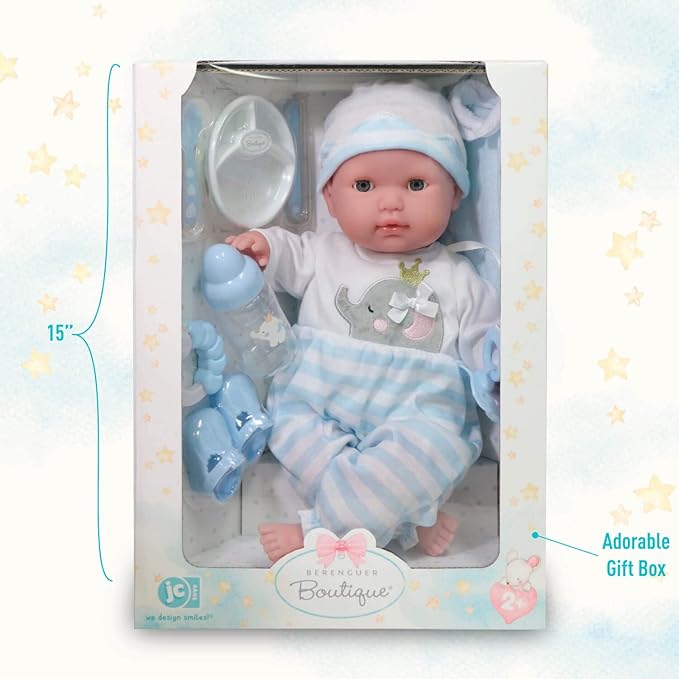 15" Realistic Soft Body Baby Doll with Open/Close Eyes | JC Toys - Berenguer Boutique | 10 Piece Gift Set with Bottle, Rattle, Pacifier & Accessories | Blue | Ages 2+