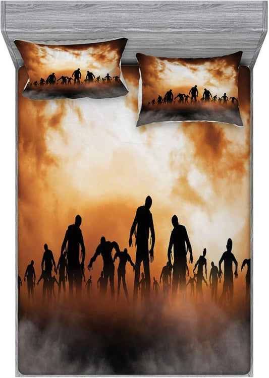 Ambesonne Halloween Home Decor Fitted Sheet & Pillow Sham Set Zombies Dead Men Walking Body in The Doom Mist at Night Sky Haunted 3 Piece Bedding Decor Set for Bedroom Decor Queen, Orange and Black