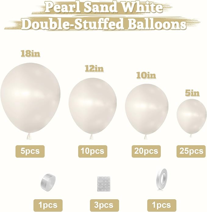 Pearl White Double-Stuffed Balloons Arch Garland Kit, 60 Pack 18/12/10/5 Inch Different Size Sand White Pearl Ivory Balloons for Wedding Bridal Shower Anniversary Birthday Engagement Decor