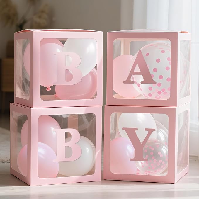 Ledido Baby Boxes with Letters for Baby Shower Decorations with 38 Balloons, 4 pcs Clear Baby Balloon Boxes Blocks for Baby Shower Decor Boy Girl Gender Reveal Decorations Backdrop Party (Pink)