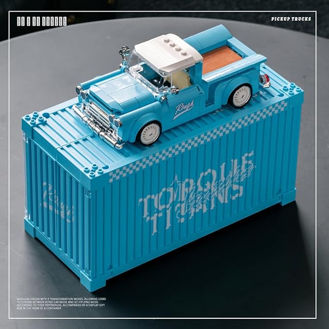 PB8840 1:32 Blue Retro Pickup Truck Buliding Blocks Set, 297 Pieces Scale Model Car Container Display Box, Clamping Blocks Toy Gift for Adults