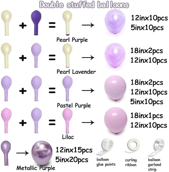 Pearl Purple Balloon Arch, Double Stuffed Light Pastel Purple Balloons Different Size Lavender Lilac Latex Balloon Garland Kit for Birthday Bridal Wedding Baby Shower Party Decorations