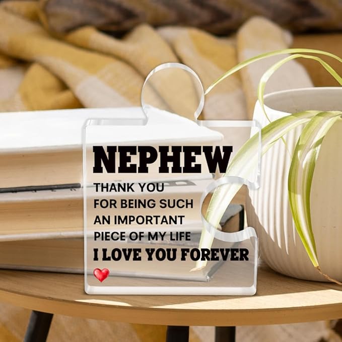 Nephew Gifts from Auntie Uncle, Heartwarming Nephew Gifts from Aunt Birthday Graduation Christmas Gift for Men Boys Acrylic Puzzle Piece Plaque Keepsake Desk Decorations for Home Decor