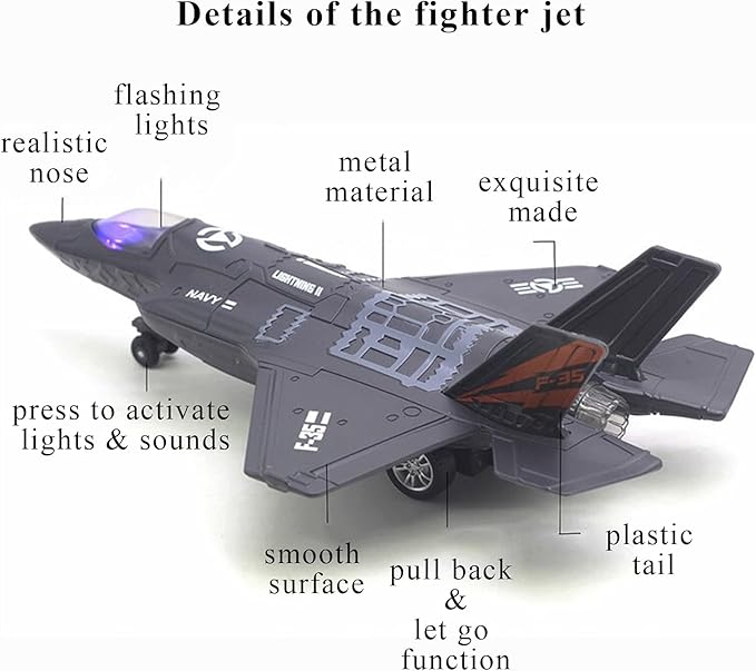 OTONOPI Fighter Jet Military Plane Model F-35 Aircraft Army Air Force Diecast Metal Pull Back Bomber Attack Plane with Lights and Sounds for Kids or Commemorate Collection