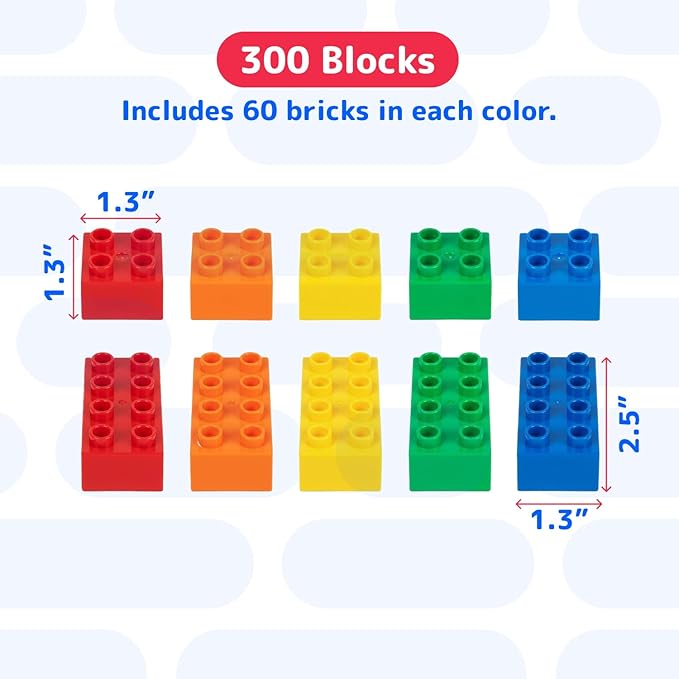 PREXTEX Building Blocks for Toddlers - 300 Jumbo Building Bricks with Carrying Box for Easy Storage - 5-Color Build Toys and Gift Set for Kids Ages 3 and Above - Compatible with Major Brands