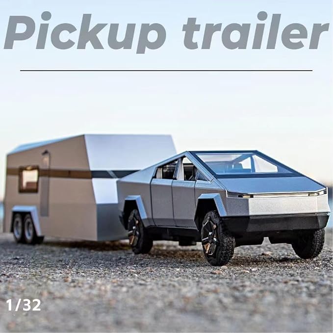 Metal Pick-Up Truck Trailer Toy with Motorcycle, Sound/Light/Pull Back/Realistic Interior Exterior, Ideal Toy Car Vehicle Gift (1/32 Grey Pickup Trailer RV)