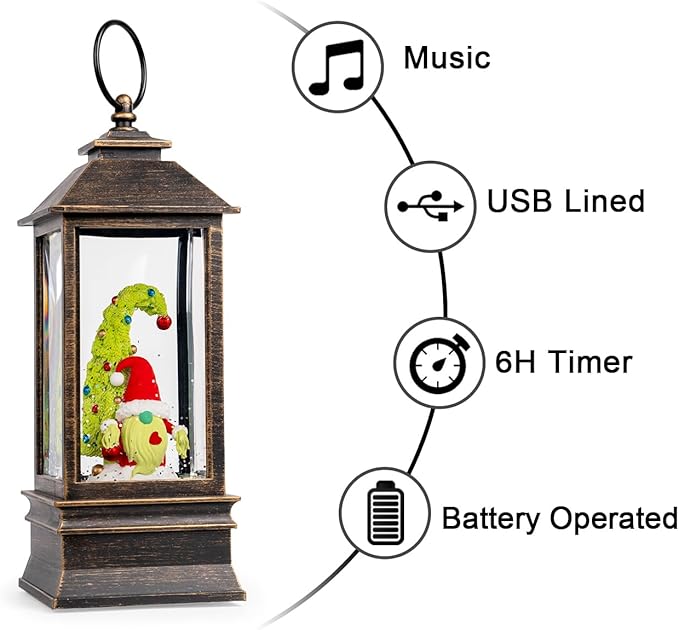 10'' Christmas Gnomes Snow Globe Lantern Lighted Whimsical Christmas Tree & Santa Elf Musical Water Lantern Swirling Glittering Home Decoration and Gift, Battery Operated or USB Powered