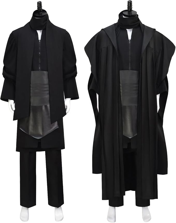 Mens Cosplay Costume Black Tunic Hooded Cloak Robe Suit Uniform Halloween Outfit