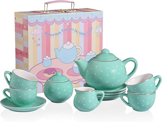 Sweejar Porcelain Tea Set for Little Girls,Kitchen Toys Tea Party Set for Kids Toddler Kitchen Pretend Toy Include Children Teapot, Cup & Saucer Sugar Bowl and Cream Pitcher(Turquoise Polka Dot)
