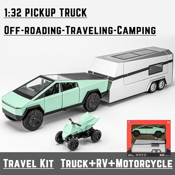1/32 Pickup Truck and Trailer Toys with Light and Pull Back, Alloy Diecast Pickup Trailer RV Model Kit, Diecast Model Car Toy Truck and Trailer for Boys Adults as Birthday Gifts (Green)