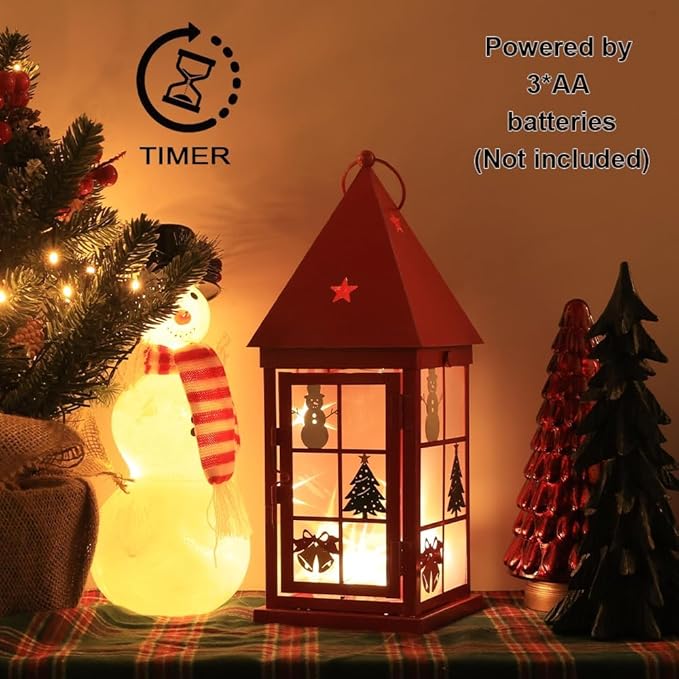 NEEDOMO Christmas Decorations for Home, 15'' Decorative Christmas Lantern Indoor Outdoor Decor, Metal Hanging Candle Holder with Xmas Snowman Bells and LED String for Table Centerpieces, Patio (Red)