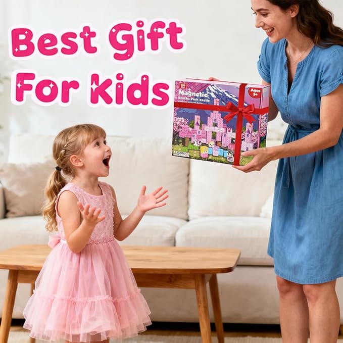 100PCS Magnetic Building Blocks for Kids – Pink Princess Castle Magnetic STEM Toys & Cubes, Squares Sets, Princess Gifts for 3-8 Years Old Girls, Birthday Gifts