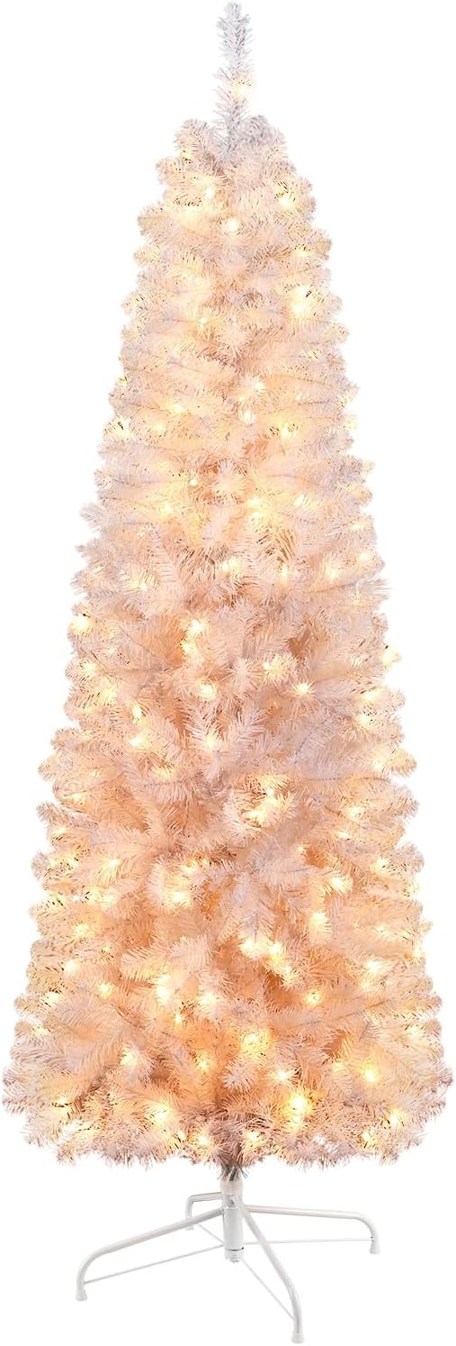 SHareconn 4ft Prelit Artificial Hinged Slim Pencil Christmas Tree with Warm White Lights, Full Branch Tips, Perfect Choice Decoration for Xmas Holiday, 4 FT, White