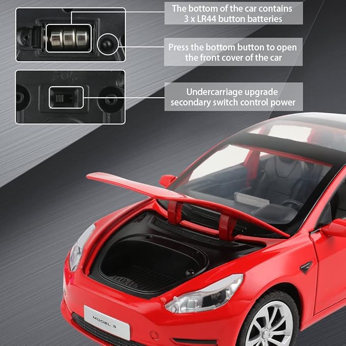 Zinc Alloy Model 3 Car, 1:24 Scale Simulation Casting Diecast Toy Car with Lights and Music for Toddlers & Kids (Red)