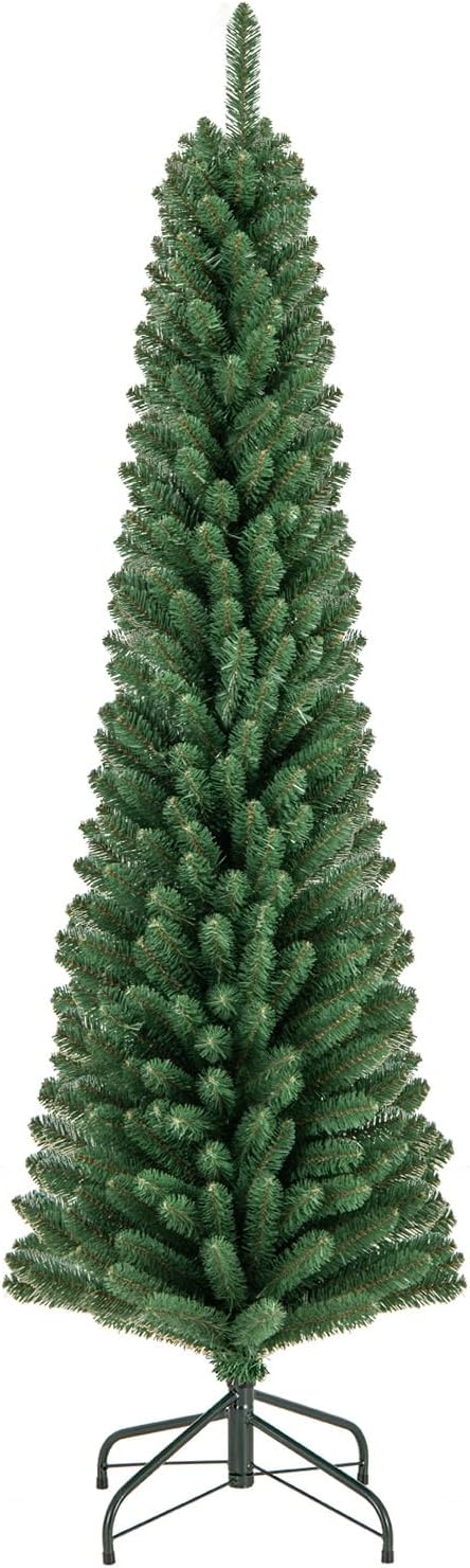 GOFLAME 6FT Pencil Christmas Tree, Slim Artificial Xmas Tree with 392 Memory Wire Branch Tips & Upgraded Metal Stand, Seasonal Holiday Decoration Tree for Home Office Party