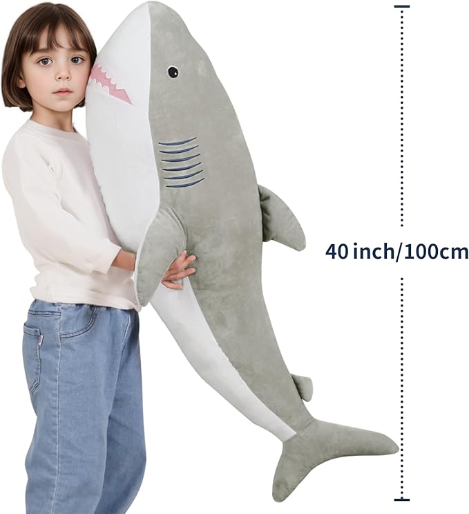 40 Inch Giant Shark Stuffed Animal Large Soft Body Plushies,Cute Big Shark Doll Pillow Plush Toy,Gift for Boy Girl Kids Birthday Valentines