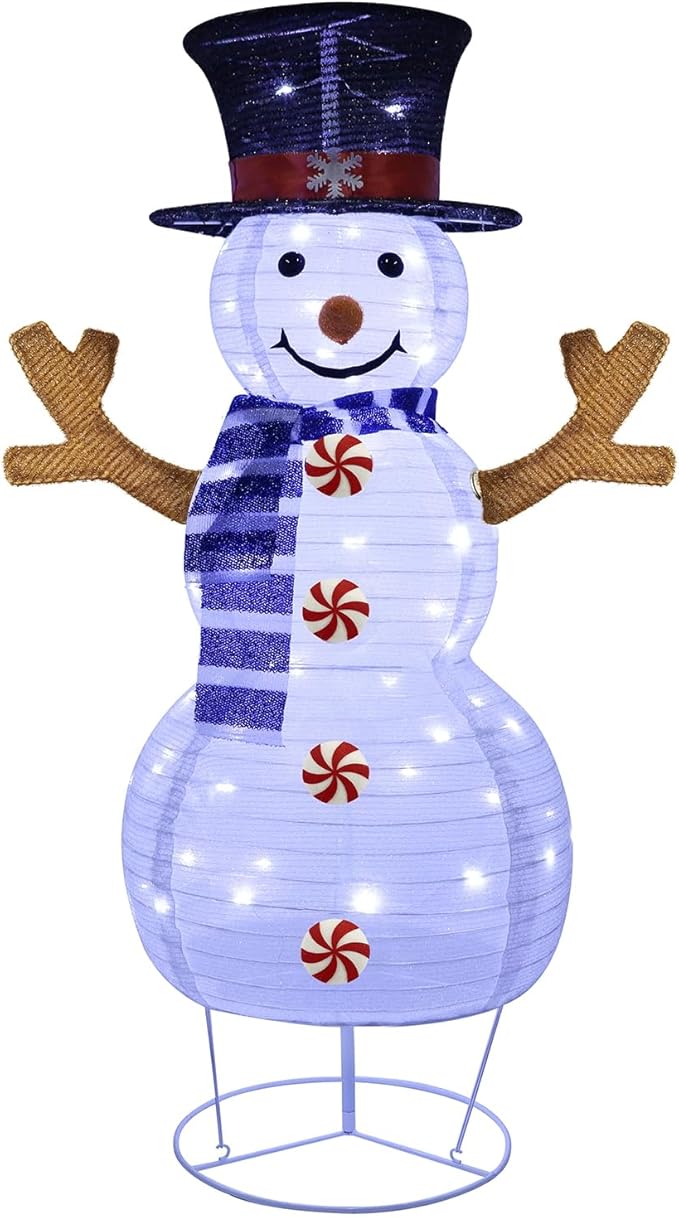 Juegoal Lighted Christmas Decorations, 3.5FT Outdoor 3D Collapsible White Snowman with Built-in LED Lights, Pre-Lit Pop Up Xmas Snowman, Light Up for Holiday New Year Winter Garden Decor