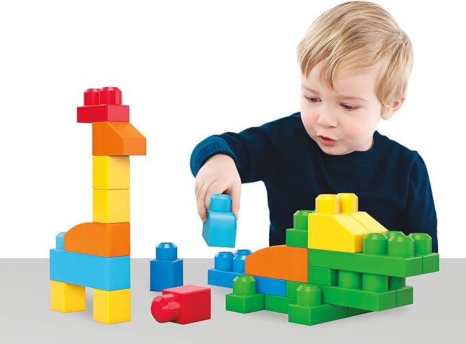 Mega BLOKS First Builders Deluxe Building Bag + ABC Musical Train, Building Set Bundle, Blue Bag, 200 Pieces