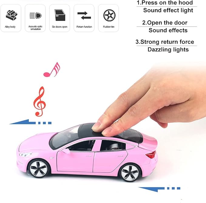 Diecast Toy Car Model 3 Car Model,Zinc Alloy Simulation Casting car Model Pull Back Vehicles,1:32 Scale Mini Vehicles Toys with Lights and Music for Toddlers Kids Children Birthday Gift (Pink)