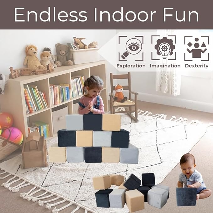 Wonder Space Plush Foam Blocks - Nursery Building & Stacking Toys for Toddlers Boys & Girls, Soft Smooth Velvet Cover, Early Education Gross Motor Skills & Brain Development (12 Cubes, Castle Rock)