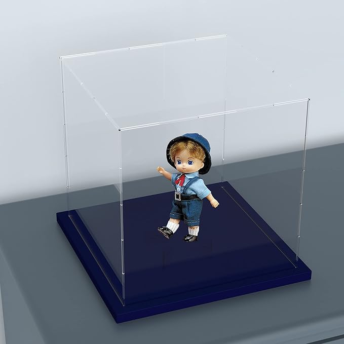Acrylic Display Case with Navy Blue Velvet Base, Simple Self-Assembly Clear Acrylic Display Box with Lid, 6 Inch Cube Countertop Box for Collectibles, Home Organization (6x6x6 inch)