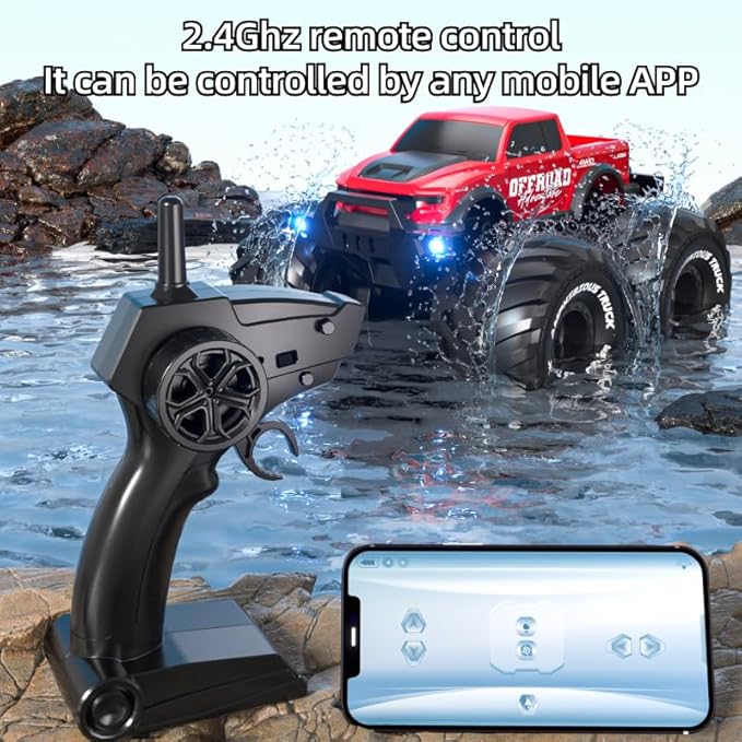 1:18 Scale Amphibious LED RC Car ，2.4GHz All 20 Km/h Off Road Terrain Remote Control Drift Truck, Waterproof Truck for 8+ Year Old Boys Girls Kids Gifts (Orange)