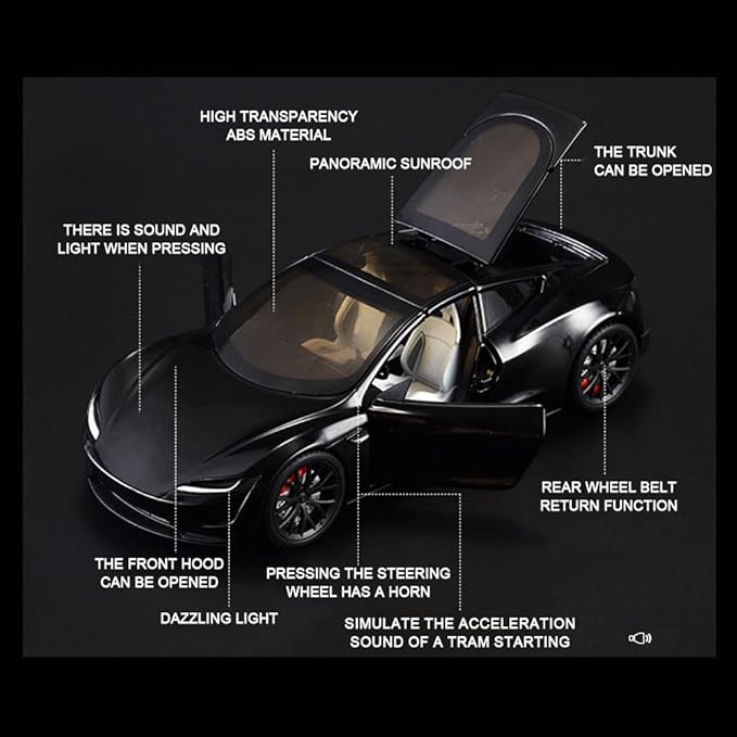 1/24 Diecast Roadster Model Car with Pull Back Function, Sound and Light, Alloy Metal Vehicles Roadster Toy Cars Ideal Collectible for Kids Adults Enthusiasts, Great Birthday Gift (Black)