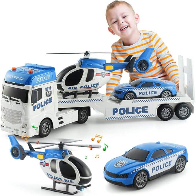 25" Police Toys Vehicle Truck Push & Go Rescue Playset 3 in 1 Includes Mini Police Car and Helicopter Toy in Semi Carrier Truck Gift for Toddlers Boys Age 3+(Police Trailer)