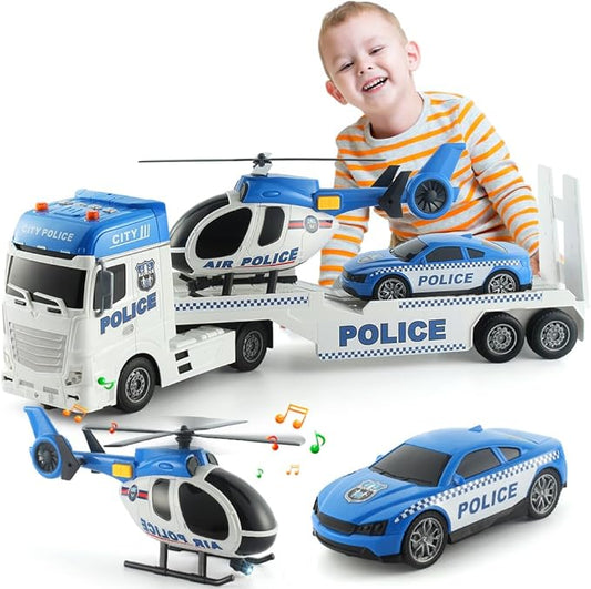 25" Police Toys Vehicle Truck Push & Go Rescue Playset 3 in 1 Includes Mini Police Car and Helicopter Toy in Semi Carrier Truck Gift for Toddlers Boys Age 3+(Police Trailer)