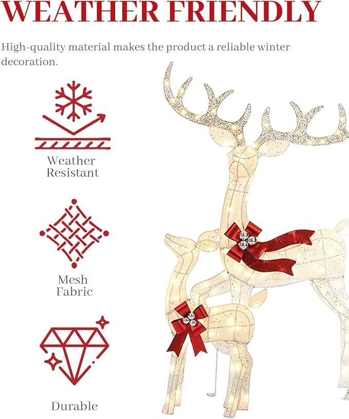 3-Piece 3D Christmas Deer Family Set, Lighted Christmas Decoration with 225 LED Lights, Christmas Decor Reindeer for Indoor Outdoor Yard Porch, White