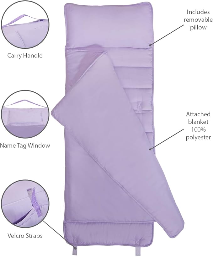 EVERYDAY KIDS Nap Mat with Removable Pillow - Lavender - Carry Handle with Straps Closure, Rollup Design, Soft Microfiber for Preschool, Daycare, Travel Sleeping Bag - Ages 3-6 Years