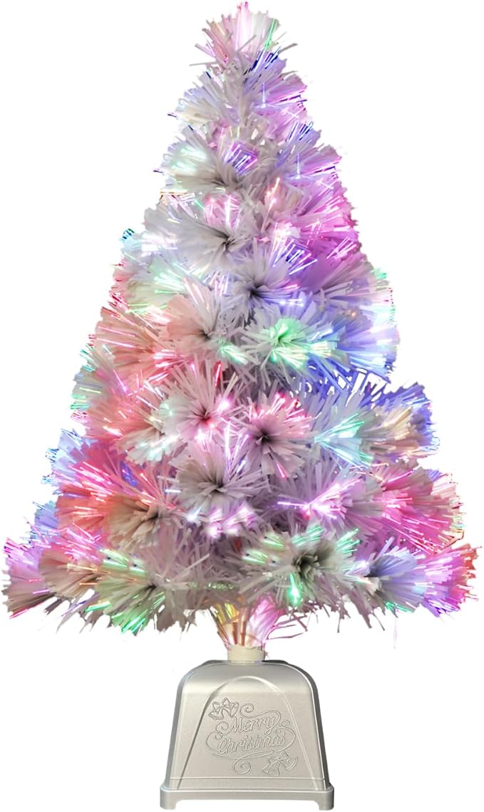 Pre lit Mini Christmas Tree, Tabletop Artificial Fiber Optic Christmas Trees with Silver Base -24 Inch (White) …