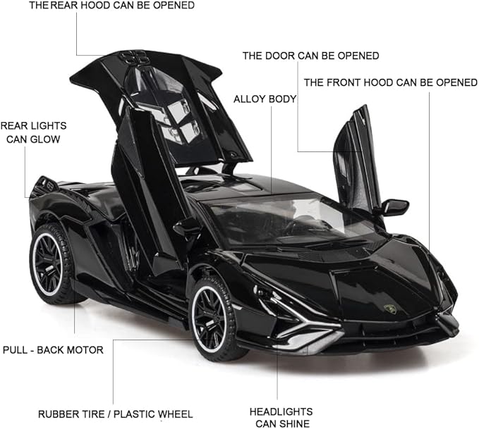 Diecast Toy Car Sian FKP37 Sports Model Car,Zinc Alloy Simulation Casting Pull Back Vehicles,1:32 Scale Supercar Toys with Lights and Music Sound for Toddlers Kids Children Boys Girls Gift (Black)