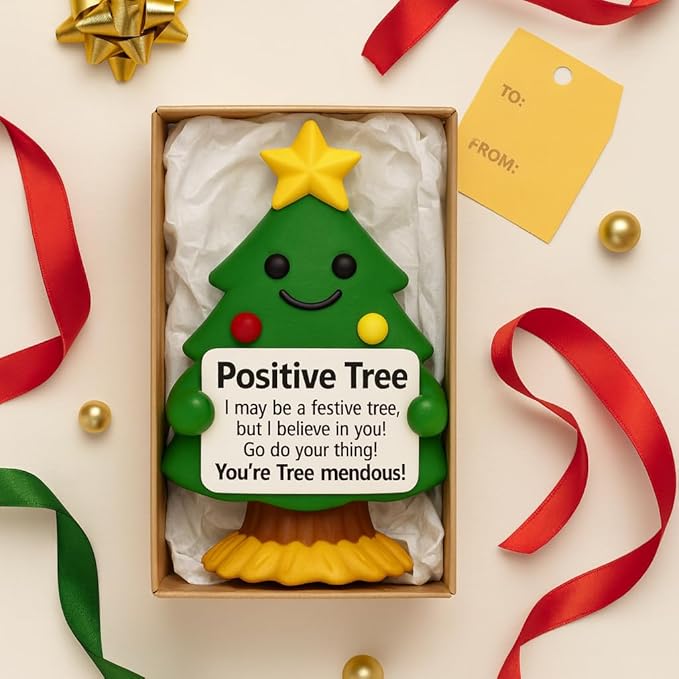 iStatue Mini Christmas Tree Hand-Painted Resin Positive Figurine, 5'' Xmas Decoration Indoor Desk Décor | Cute Motivational Gift, Stocking Stuffer, Holiday Mantel & Office (Green Tree)