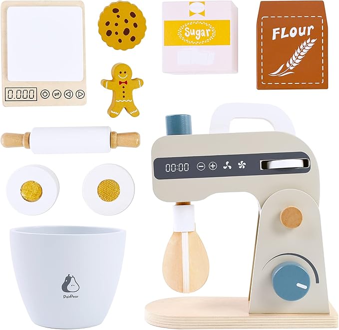 PairPear Play Food Stand Mixer, Wooden Toys Bake Cookies Playset, Multi-Function Play Kitchen Accessories for Kids Ages 3+