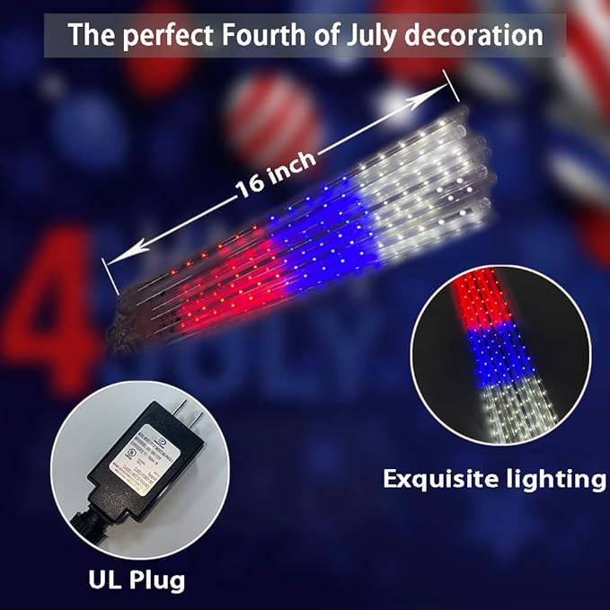 4th of July Decorations Outdoor, 12 Inch Red White and Blue Meteor Shower Lights for Independence/National/Memorial Day, LED Christmas Lights Outdoor for Yard Garden Tree Holiday Party