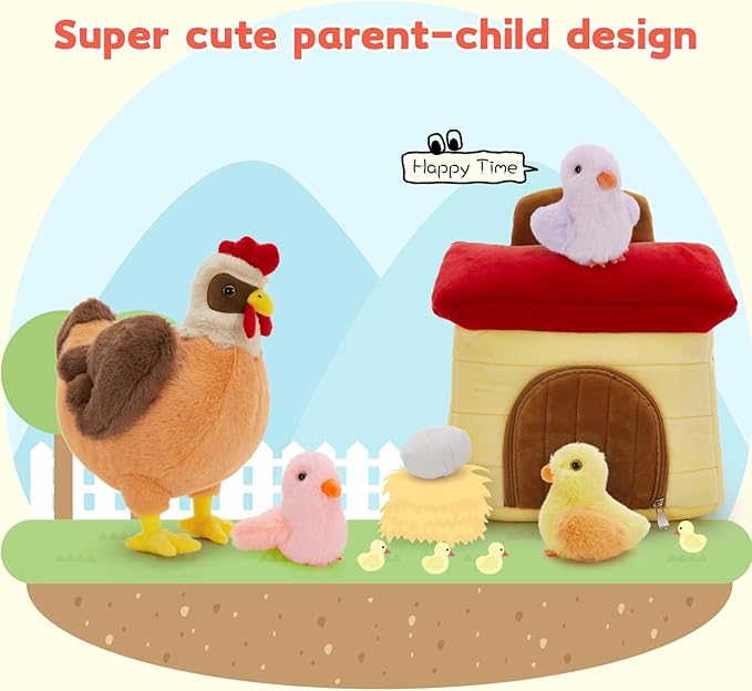 Tezituor 6 Pcs Chicken Stuffed Animals Set with Coop,14" Mother Hen with Baby Chicks&Egg Plush Toy,Soft Farm Animal Plushies for Toddlers Kids Home Farm Decor Easter Gifts