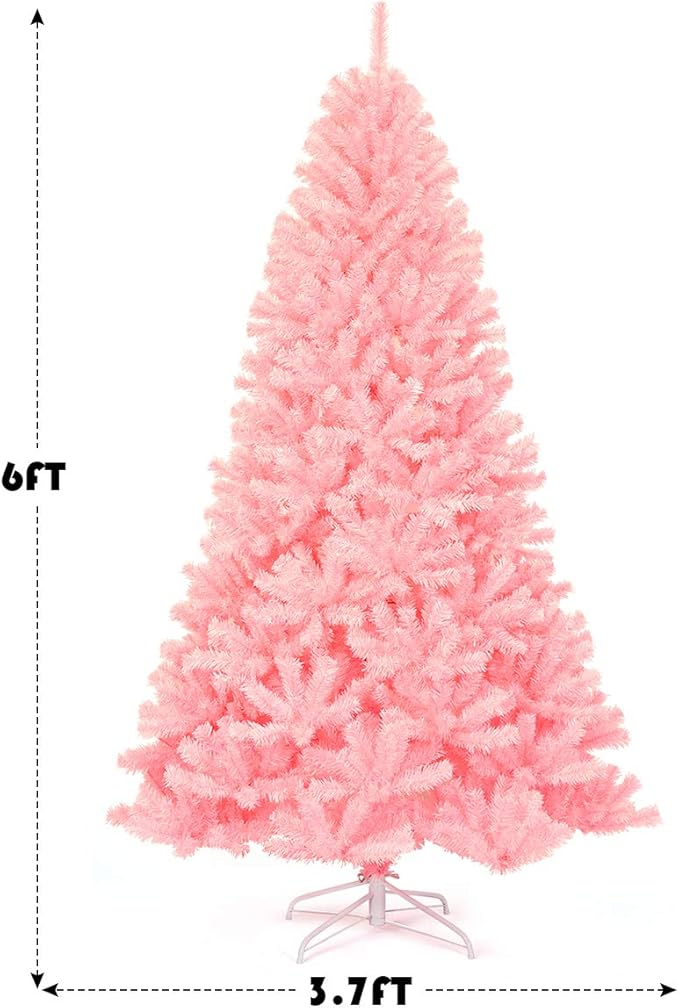 GOFLAME 6 ft Pink Artificial Christmas Tree, Hinged Spruce Full Tree w/Foldable Metal Stand, Cherry Blossom Color, 1036 Tips Christmas Tree for Home Office Party Decoration, Easy Assembly