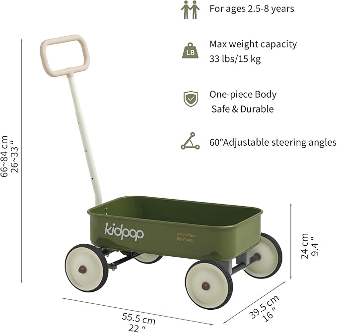PULA-Wild 2-in-1 Kids' Pull-Along Wagon Toddlers Push Walker for 2.5-8 Adjustable Handlebar, Birthday Gifts Max Weight 33 lbs (Green)