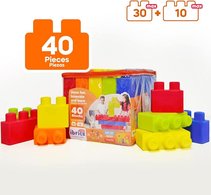 Max Foam Building Blocks | Large Size | 40-Piece Set (30 with 2 Pivots + 10 with 3 Pivots) | Creative and Educational Toy for Kids Ages 3+