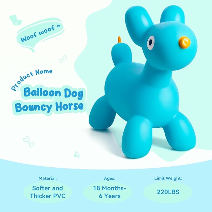 ZOOJOY Bouncy Animal Hopper, Blue Balloon Dog Bouncy Horse for Toddlers, Inflatable Ride-on Hopping Toys with Pump for Indoor & Outdoor Play, 3 4 5 6 7 Years Birthday Gift for Boys & Girls