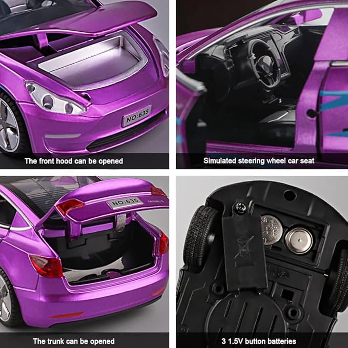 Diecast Toy 3 Car Model,Zinc Alloy Simulation Casting car Model Pull Back Vehicles,1:32 Scale Mini Vehicles Toys with Lights and Music for Toddlers Kids Children Birthday Gift (Purple)